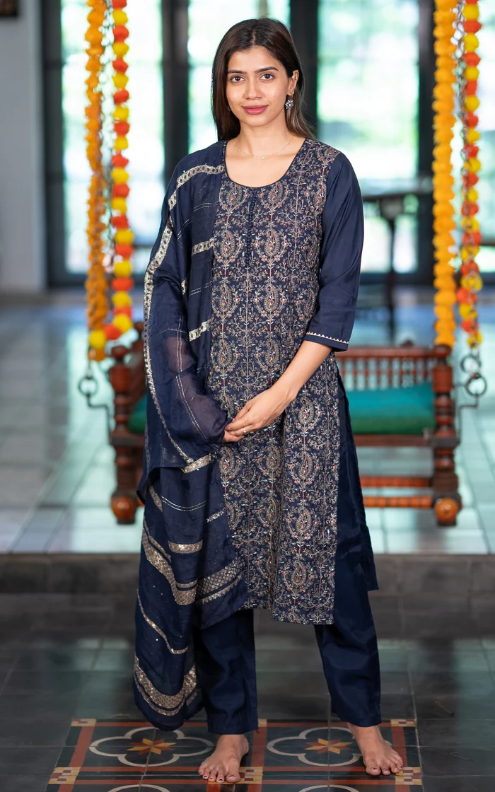 Navy Blue Kalamkari Printed Straight Kurta set with Dupatta